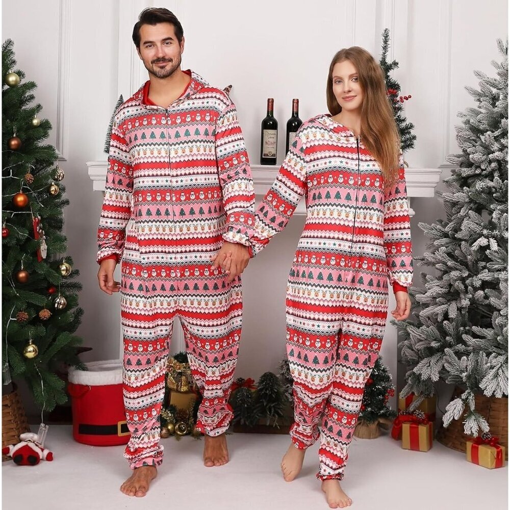 Mens Christmas Hooded Onesie Pajamas Size Large Red Pink Snowman Pattern